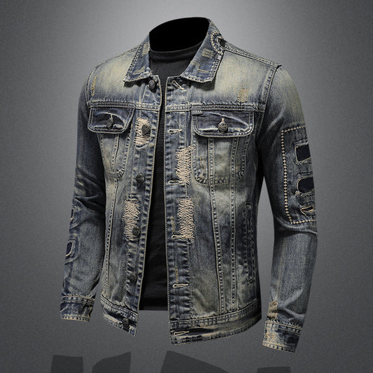 2023 denim jacket men's 2023 new European and American slim fit motorcycle jacket retro handsome distressed denim jacket