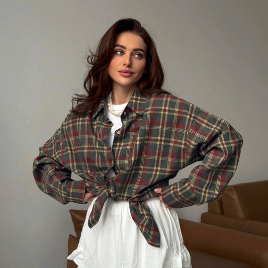 Summer new plaid retro style versatile casual lapel long sleeved cardigan shirt European and American polyester cotton foreign trade shirt for women