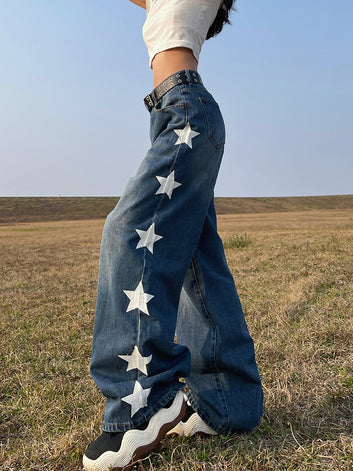 2023 New American Retro Design Sense Star Jeans Small Woman Loose High Waist Straight Wide Leg Pants