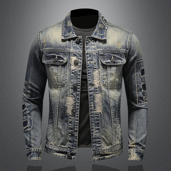 2023 denim jacket male 2023 new European and American slim motorcycle jacket retro handsome jeans with holes.