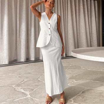 Summer new cotton and linen white slim fit V-neck vest high waisted skirt two-piece set, European and American versatile wholesale women's clothing