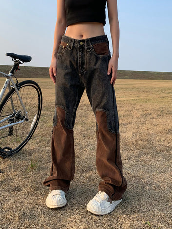 2023 American retro corduroy stitching vibe jeans female ins niche street micro-trumpet long pants