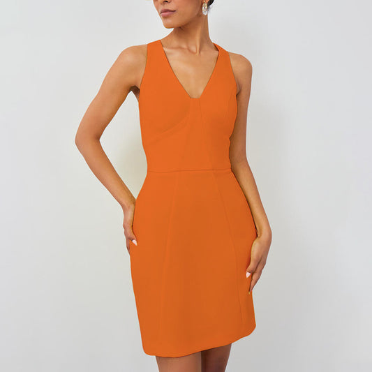Summer new energetic orange sleeveless sexy camisole loose fitting dress cross-border slim fit V-neck versatile commuting women's clothing