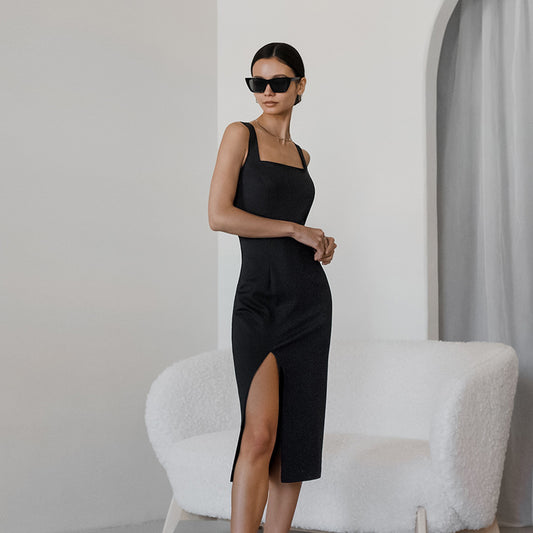 Summer Fashion Slim Fit Square Neck Strap Off Shoulder Sexy Split Dress for European and American Foreign Trade Wearable Short Skirt Women's Clothing