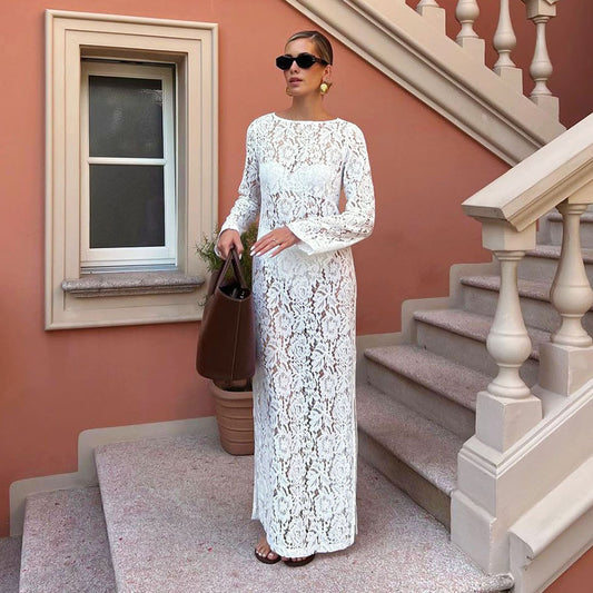Summer Fashion Versatile Polyester Lace White Round Neck Long sleeved Dress European and American Sexy Split Jacquard Straight Tube Skirt for Women