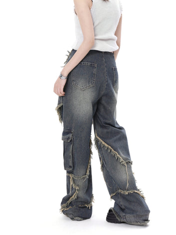 2023 New European and American style retro high street niche design sense oversize jeans children's vibe wide leg pants