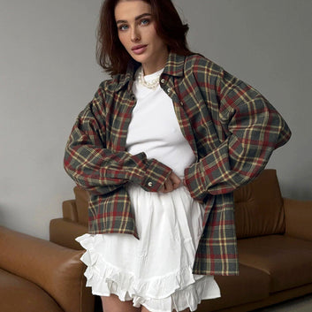 Summer new plaid retro style versatile casual lapel long sleeved cardigan shirt European and American polyester cotton foreign trade shirt for women