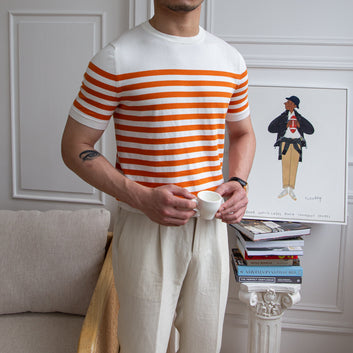 2023 new British casual thin short-sleeved striped T-shirt wind Joker slim knit bottoming shirt tide man