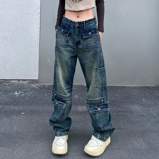 2023 New American Retro Wash Blue Vibe Jeans Men's and Women's Instagram High Street Multi Pocket Floor Mop Work Pants