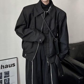 2022 Autumn/Winter Korean Edition Design Sense Short Edition Black Shoulder Padded Coat Thickened Jacket Men's and Women's Lapel Casual Zipper Trend