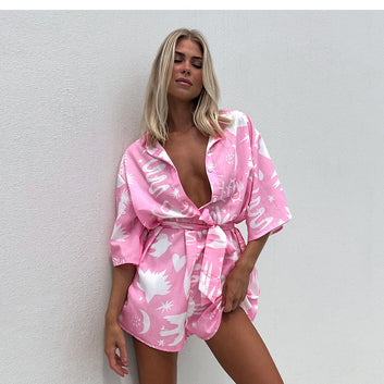 Summer hot selling pink print fashion street style loose collar short sleeved shorts jumpsuit, European and American foreign trade women's clothing