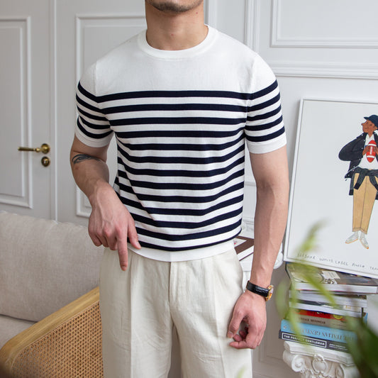 2023 new British casual thin short-sleeved striped T-shirt wind Joker slim knit bottoming shirt tide man