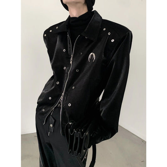 2023 new niche liquid metal design shoulder padded jacket for men's high-end silhouette with a flip collar short jacket