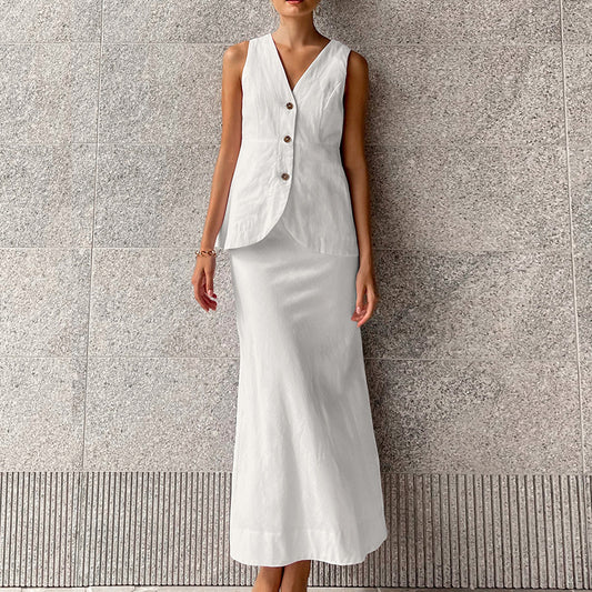 Summer new cotton and linen white slim fit V-neck vest high waisted skirt two-piece set, European and American versatile wholesale women's clothing