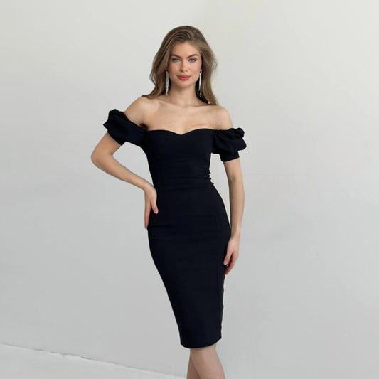 Summer hot selling sexy design with irregular collar, bubble sleeves, slim fit black slimming dress, split midi length skirt