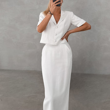 Summer hot selling fashion casual set, white cotton and linen commuting short sleeved suit, high waisted skirt, slit set for women