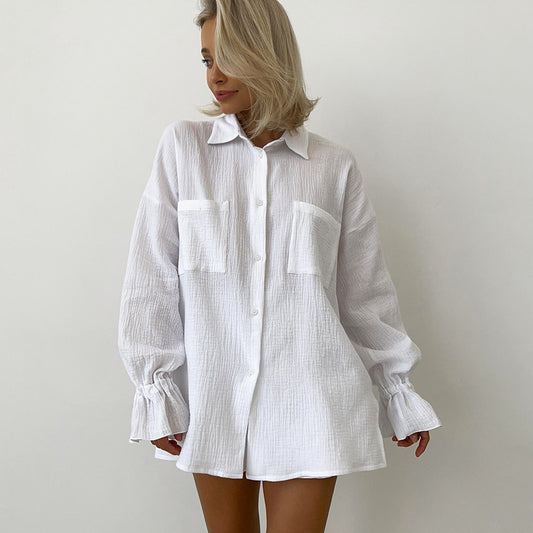 Summer Fashion Casual Set Solid Color Bubble Wrinkle Loose Long sleeved Shirt Shorts Two piece Set of Pure Cotton Wholesale Women's Wear