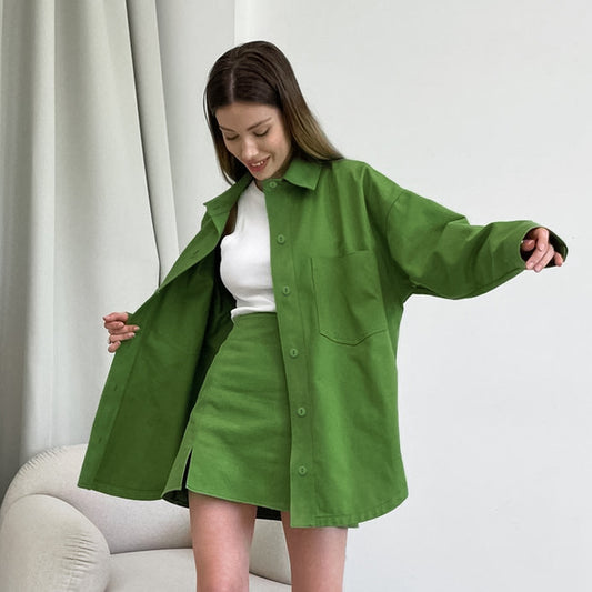 Summer new fresh green cotton loose long sleeve pocket high waist skirt split fashion casual suit women