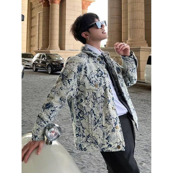 2022 Autumn and Winter Destroy the Trend of Presbyopic Embroidery Jeans Long Sleeve Jacket of Blue and White Porcelain Flower Jacquard for Couples