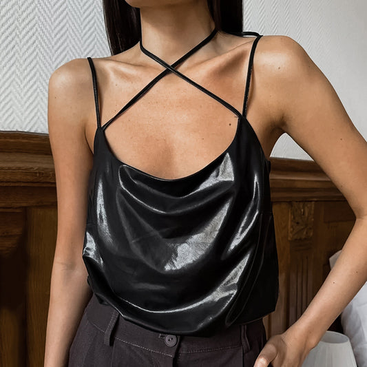 Summer fashion design sense off-the-shoulder sling U-neck slim slim black vest European and American reflective cloth foreign trade women