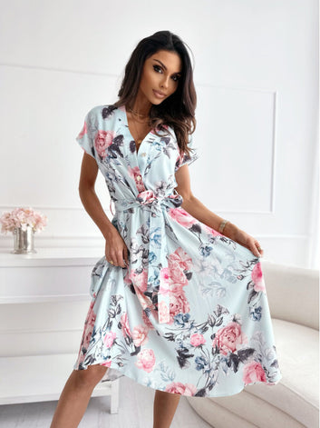 Printed floral V-neck short sleeved mid length dress