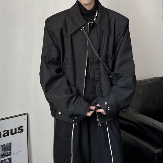 2022 Autumn/Winter Korean Edition Design Sense Short Edition Black Shoulder Padded Coat Thickened Jacket Men's and Women's Lapel Casual Zipper Trend