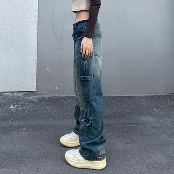 2023 New American Retro Wash Blue Vibe Jeans Men's and Women's Instagram High Street Multi Pocket Floor Mop Work Pants