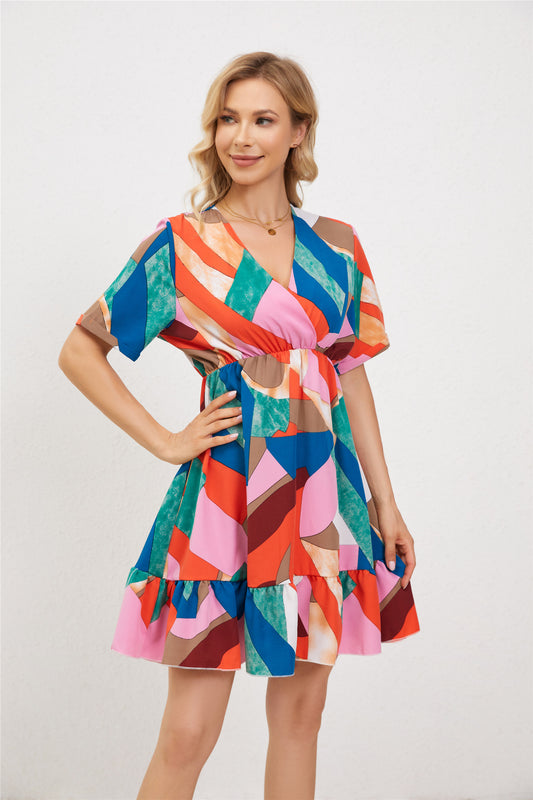 Fashionable geometric printed V-neck waistband dress