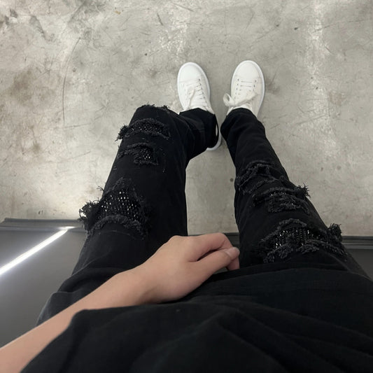 2023 New Rich Second Generation Trendy Men's Black Diamond Patch with Broken Holes Fashion Jeans High Street Same Style for Men and Women