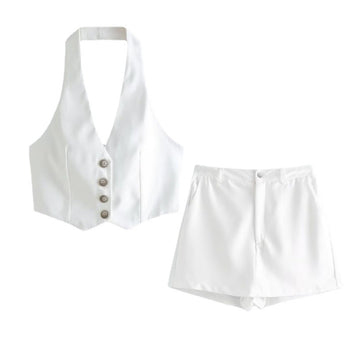 2022 Autumn European and American ZAU Fashion Wear Hanging Neck Open Back Vest+White High Waist Skirts Light Mature Set
