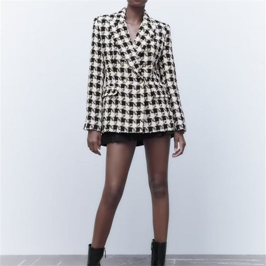 2022 autumn and winter ZAU fashion European and American style houndstooth coarse spinning texture double-breasted winter suit jacket woman