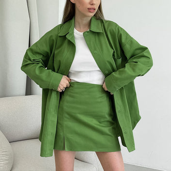Summer new fresh green cotton loose long sleeve pocket high waist skirt split fashion casual suit women
