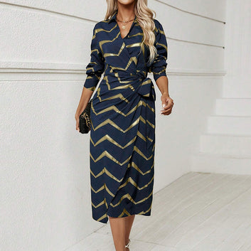 Summer hot selling fashion jacquard long sleeved V-neck slim fit hot stamping dress in Europe and America, with waistband tied and slit pencil skirt