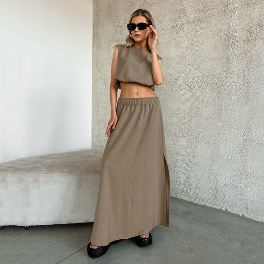 Summer Retro Classic Brown Cotton Linen Sexy Crop Top, Sleeveless Top, Loose Low Waist, Slit Skirt Suit, Women