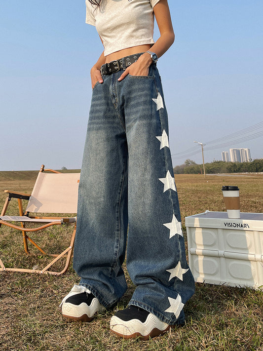 2023 New American Retro Design Sense Star Jeans Small Woman Loose High Waist Straight Wide Leg Pants