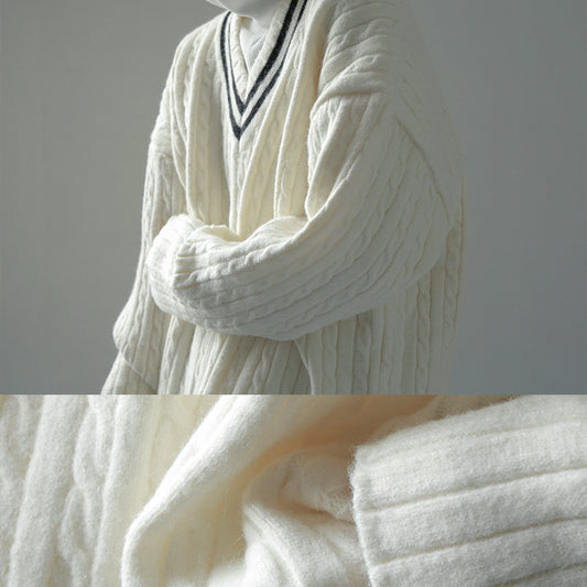 2023 New Rice White Soft and Thick Warm Winter Small V-neck Long sleeved Sweater Loose Shoulder Drop Japanese Pullover