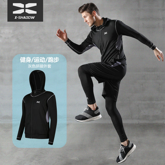 Black sports jacket, men's outdoor running, leisure, long sleeved hooded fitness suit, basketball training suit with logo