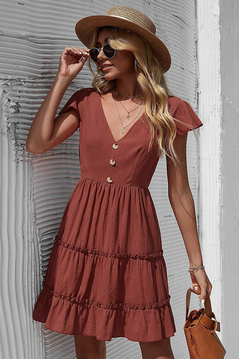 Solid Red Mid Waist Strap Dress
