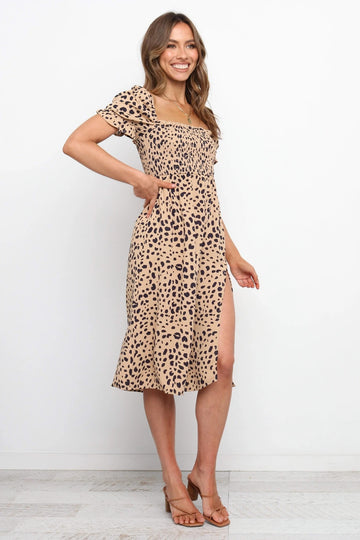 Leopard print short sleeved sexy backless dress
