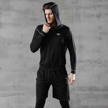 Black sports jacket, men's outdoor running, leisure, long sleeved hooded fitness suit, basketball training suit with logo