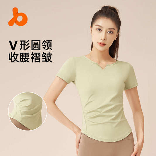 Juyitang quick drying V-neck short sleeved nude fitness pleated T-shirt versatile sports top running yoga short sleeved women