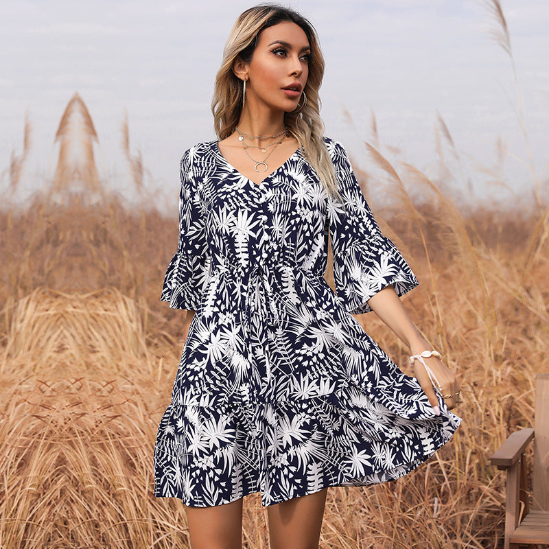 V-neck printed pullover with lace up flared sleeves dress