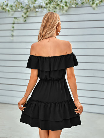Casual Off Shoulder Ruffle Solid Dress