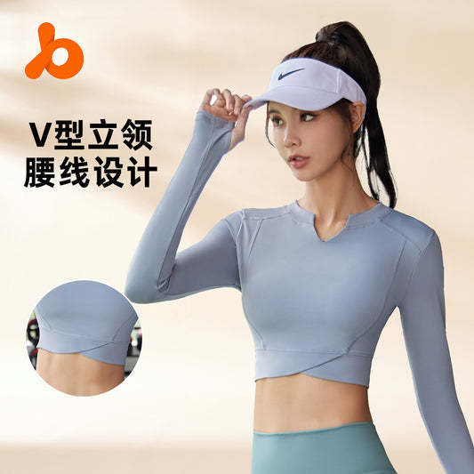 Juyitang V-neck navel-exposed long-sleeved quick-drying seamless fitness clothes slim outdoor sports tight top female