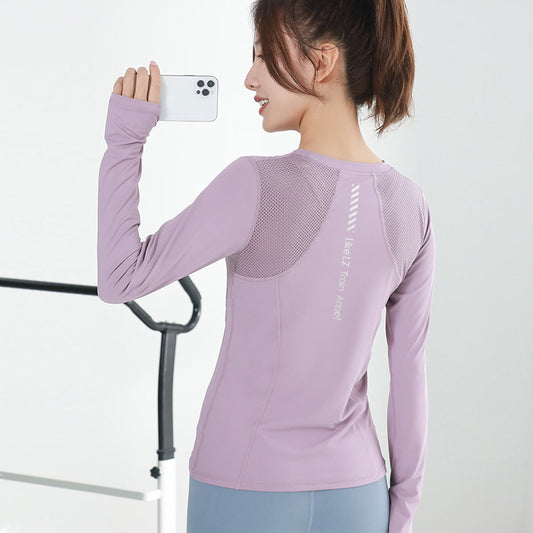 Sportswear beautiful back mesh yoga wear long sleeve sports top women's round neck slim fit quick-dry running sports t-shirt