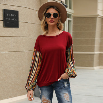 Round neck mid length colorful striped sleeve top