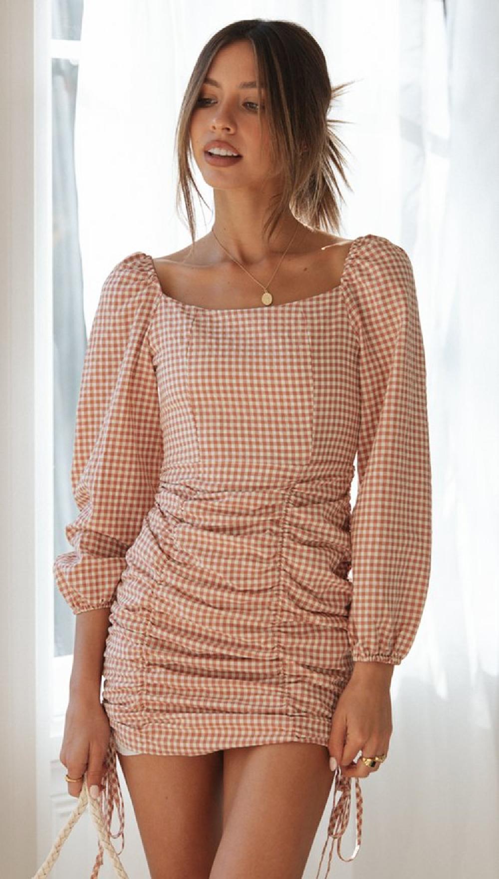 Checkered square neck pleated long sleeved dress