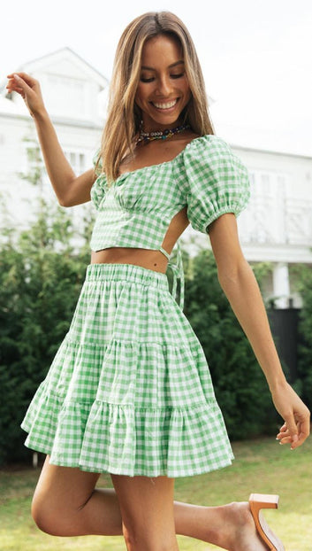 Checkered Top&Cake Skirt Two Piece Set