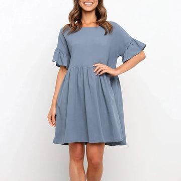 Loose pleated short sleeved round neck dress