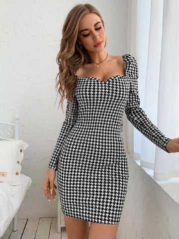 Houndstooth Printed Bodycon Dress